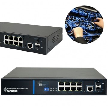 Switch 19" RACK 8x port RJ45 (Gigabit Ethernet 1000Mb/s) + 2x port SFP Uplink 1Gb/s + 1 port konsolowy RJ45, przełącznik zarządzalny L2 AVIZIO