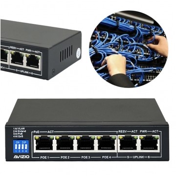 Switch PoE Desktop 6x port RJ45 (Fast Ethernet 100Mb/s, w tym 4x PoE+ i 2x Uplink) przełącznik niezarządzalny AVIZIO